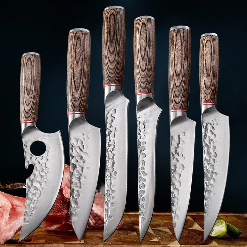 1-6 PCs Forged Kitchen Chef Knives 5Cr15Mov Steel Meat Fish Fruit Vegetables Slice Cleaver Boning Professional Butcher Knife Set