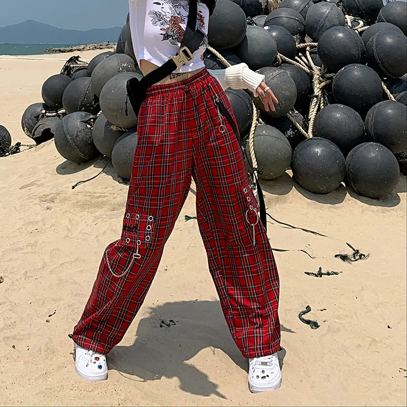 Gothic Harajuku Red Plaid Cargo Pants Women Chain Wide Leg Goth Hippie Streetwear Trousers Loose Female Baggy Fashion