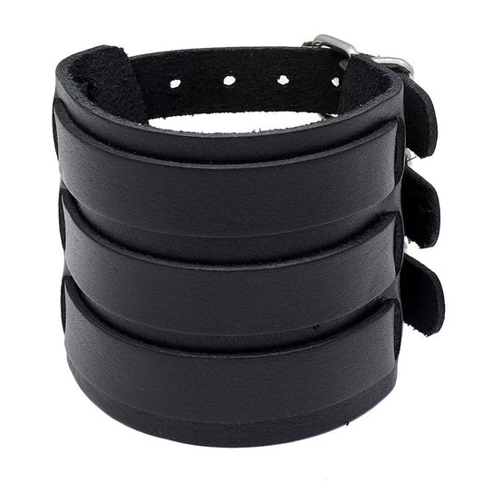 KOTik 2023 New Fashion Genuine Leather Wide Cuff Bangles Punk Vintage Three Layers Wide Black Brown Men Jewelry Bracelets