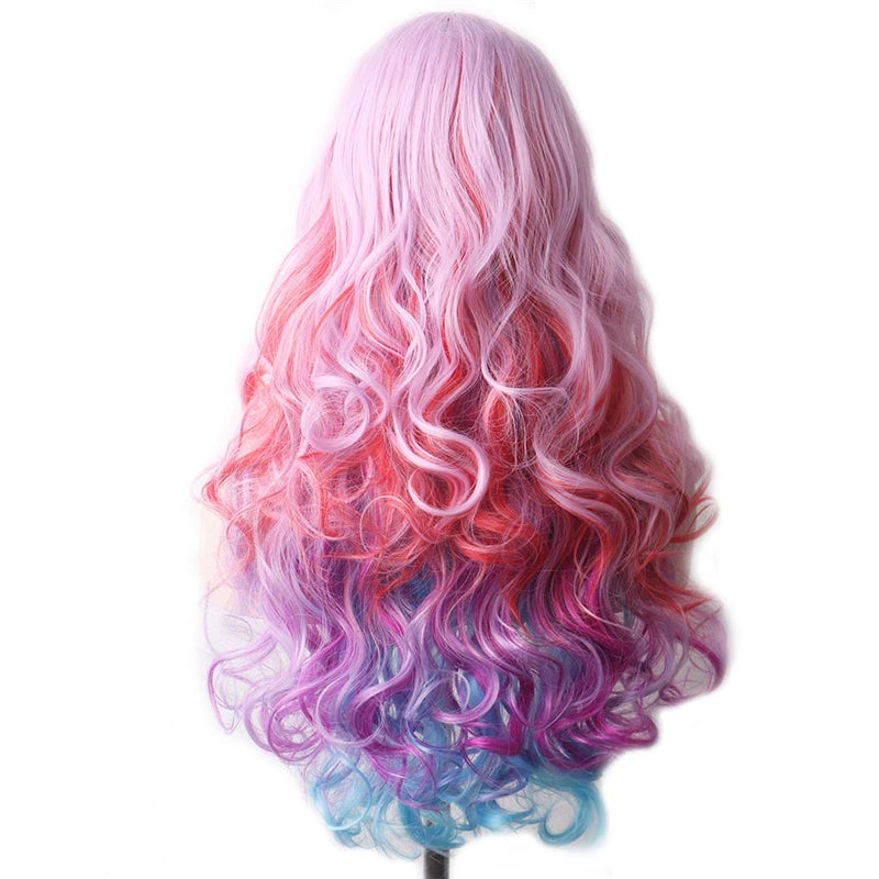 Synthetic Hair Blue Rainbow Wig With Bangs Wavy Party Cosplay Female Wigs For Women Long Anime Wig Colored Red Pink Brown Yellow