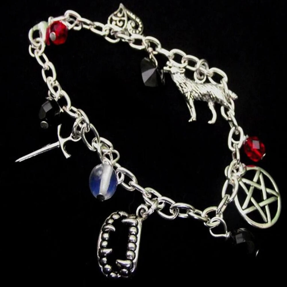 Steampunk Vampire Teeth Charms Bracelet Gothic Witchcraft Pentagram Wolf Sword Crystal Cuff Bracelet Boho Inspired Women Jewelry