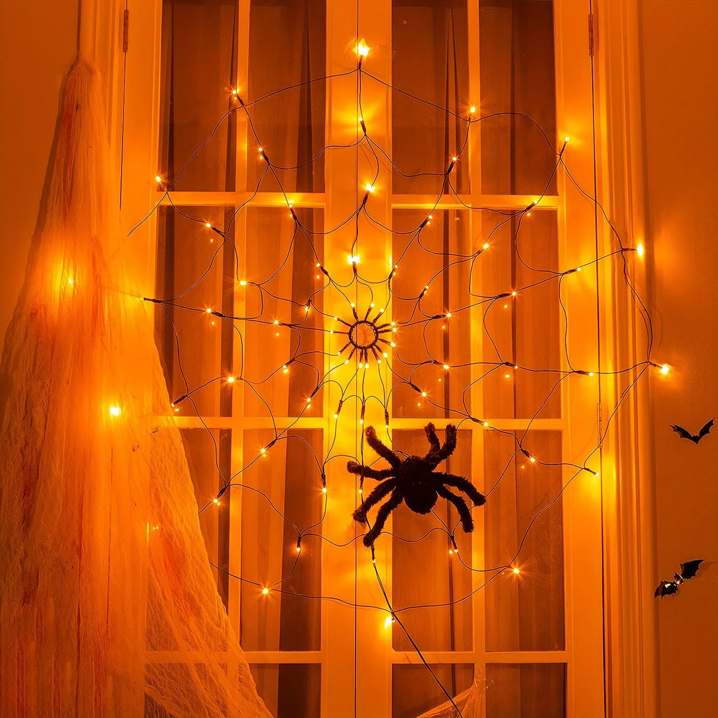 Halloween Spider Web Lights Spider Net LED String Lights with 8 Lamp Mode for Haunted House Halloween Home Window Wall Decor