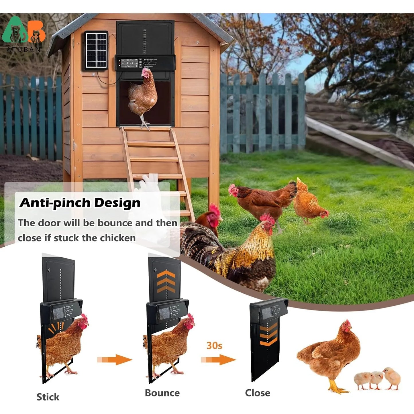 Automatic Chicken Coop Door Solar Powered,Atuban Chicken Door with Timer, Aluminum Alloy Chicken Door with Remote Control & IP45