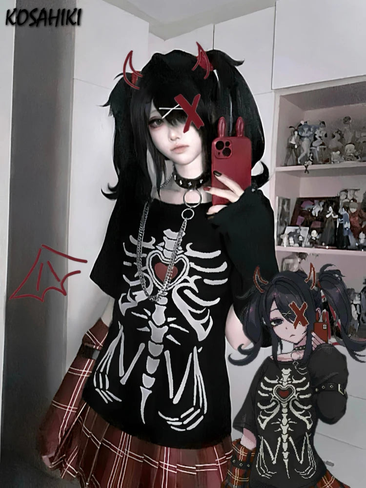 Japanese Summer Fairy Skeleton Printing T-shirts Harajuku Vintage Casual Loose Black Tops 2025 Women Streetwear Grunge Punk Tees