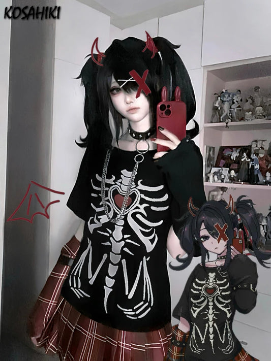 Japanese Summer Fairy Skeleton Printing T-shirts Harajuku Vintage Casual Loose Black Tops 2025 Women Streetwear Grunge Punk Tees