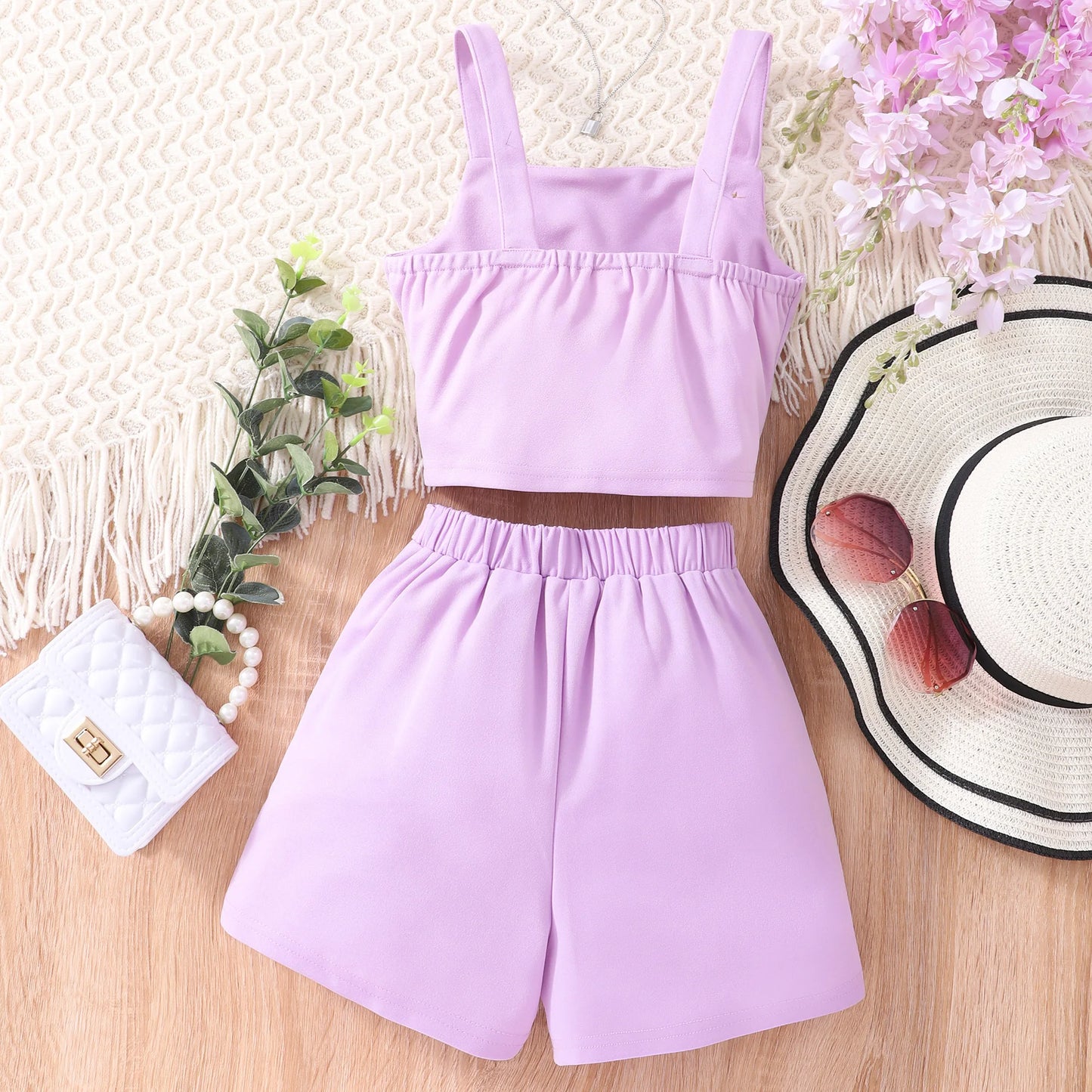 2024 Girls Set 7 8 9 10 11 12 Years Old Summer Minimalist Sleeveless Strap + Shorts Suit Casual Teen Outfit Kids Girl Clothes