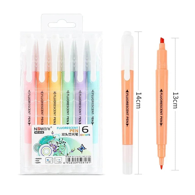 6PCS Cute Candy Color Highlighter Pen Stationery Double Headed Fluorescent Marker Pen Mark Pen Office School Supplies