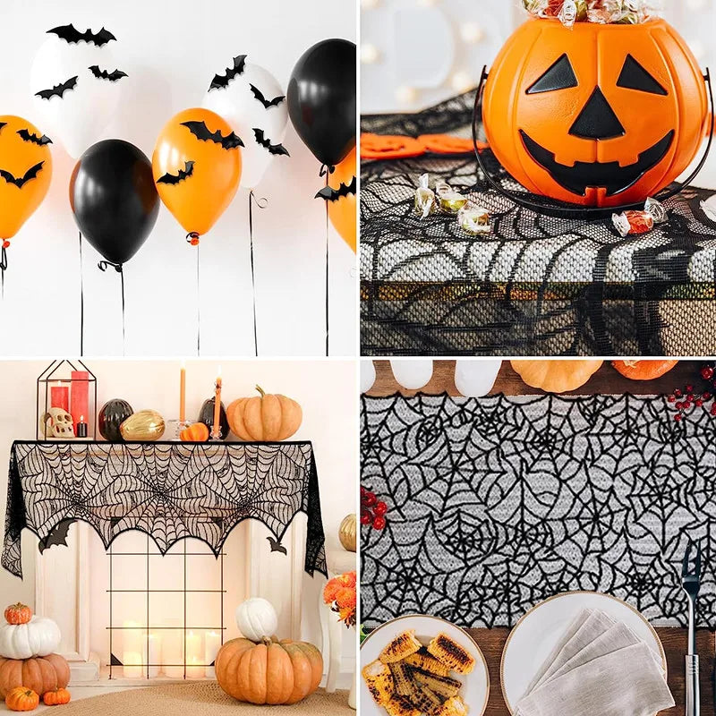 Halloween Decorations Tablecloth Runner Black Lace Round Spider Cobweb Table Cover Fireplace Mantel Scarf Spiderweb Fireplace