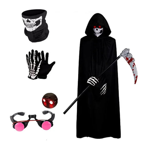 5-piece set Halloween Party Cosplay Children Adult Death Black Cloak Cloak Halloween Skull Skeleton Ball Set Holiday Gifts