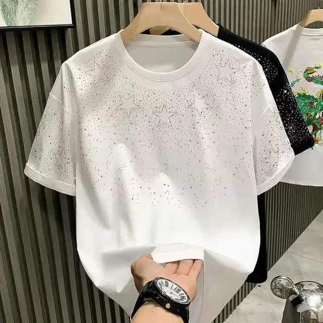 Summer Rhinestone Rivet T-shirt for Men Clothing Round Neck Casual T-shirt Fashion High Street 2024 Men's Summer Short Sleeves