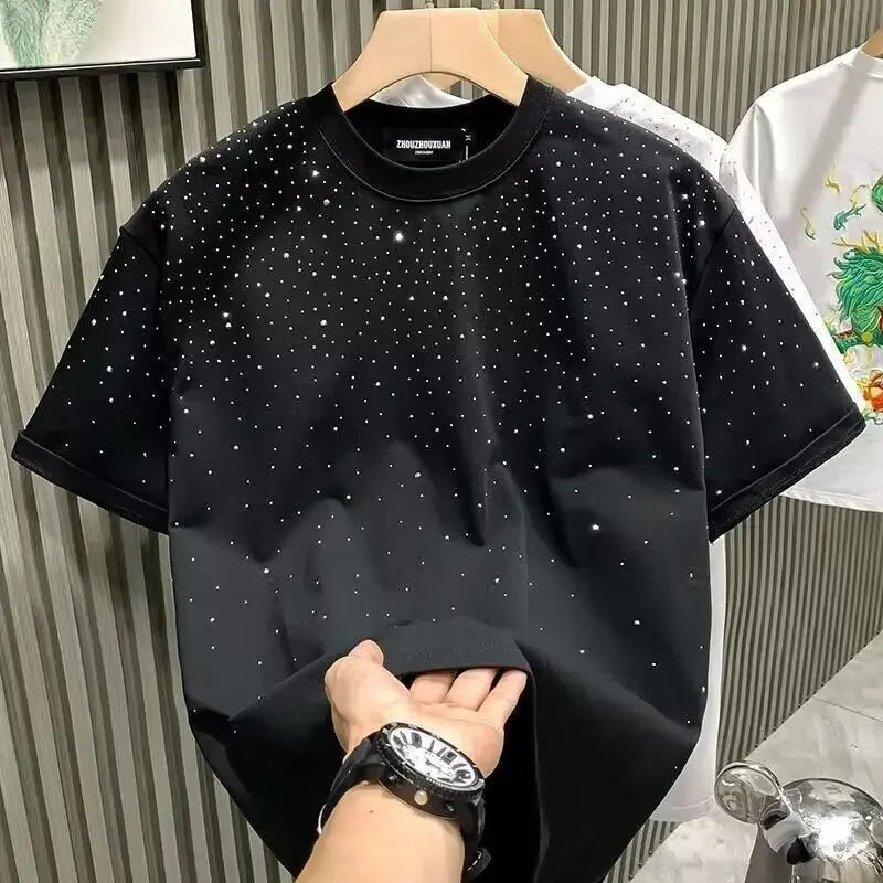 Summer Rhinestone Rivet T-shirt for Men Clothing Round Neck Casual T-shirt Fashion High Street 2024 Men's Summer Short Sleeves