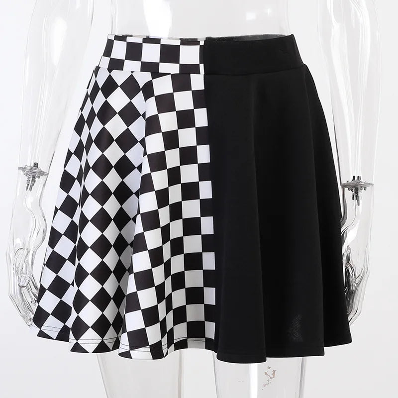 Y2K Houndstooth Color Block Mosaic Skirts Micro-trum Contrast Dark Style Pleated Skirts Women's High-waist Street Trend Skirts
