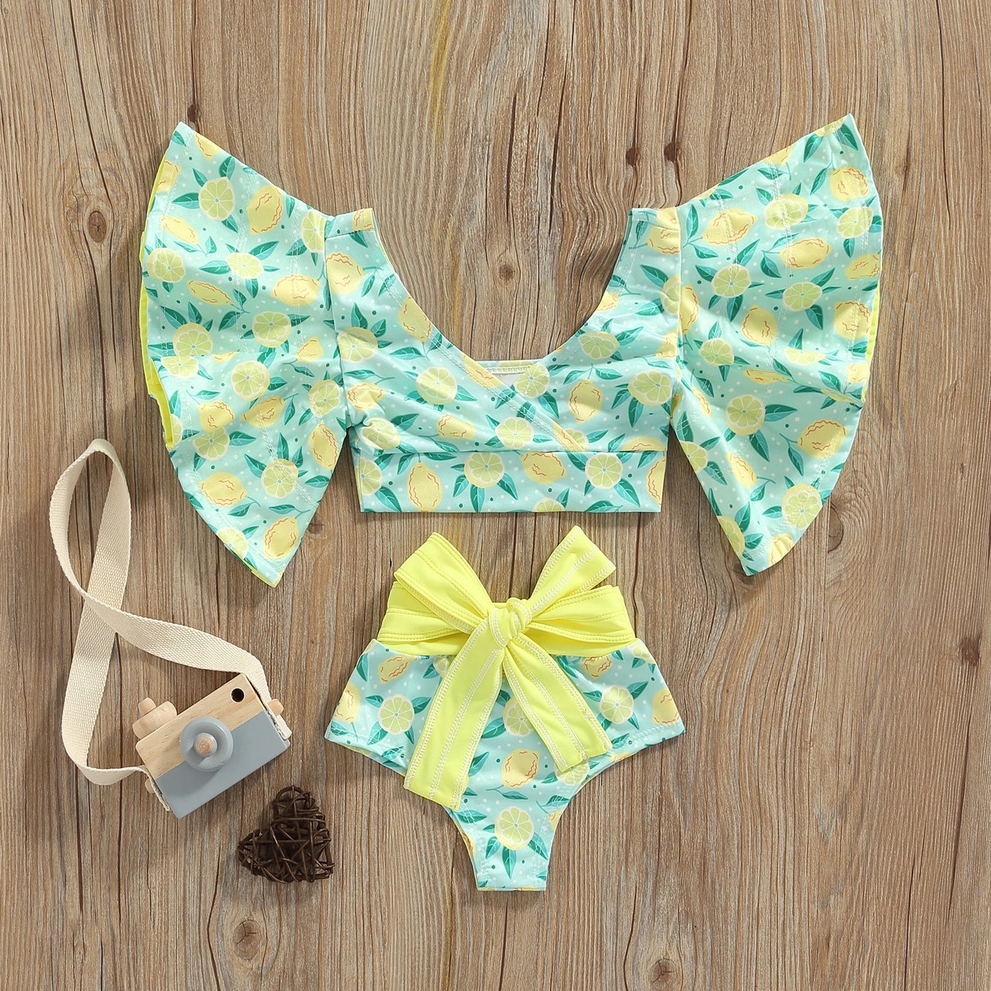 Girls Two-Piece Swimwear Lemon/Starfish/Striped Baggy Sleeve Swim Tops + High Waist Bathing Shorts Swimsuit