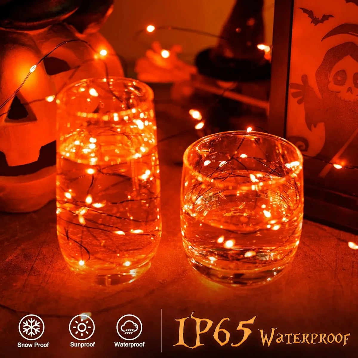 2 Pack 120LED Halloween Solar Powered Black Copper Wire Lamp Lights With 8 Lighting Modes Outdoor Waterproof Horror Atmosphere