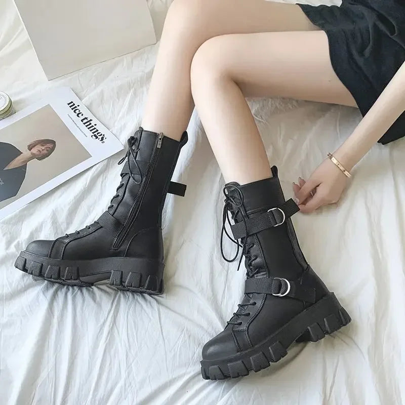 Woman Boots 2024 New Lace-Up Platform Shoes Elegant Trend Punk Gothic Rock Leather Fashion Motorcycle Women's Shoes Plus size 43