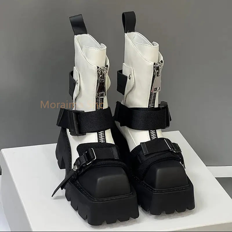 Thick Sole Belt Buckle Square Toe Ankle Boots Women Short Motorcycle Knight Boots Chelsea Boots Zipper Shoes 2023 Autumn Winter