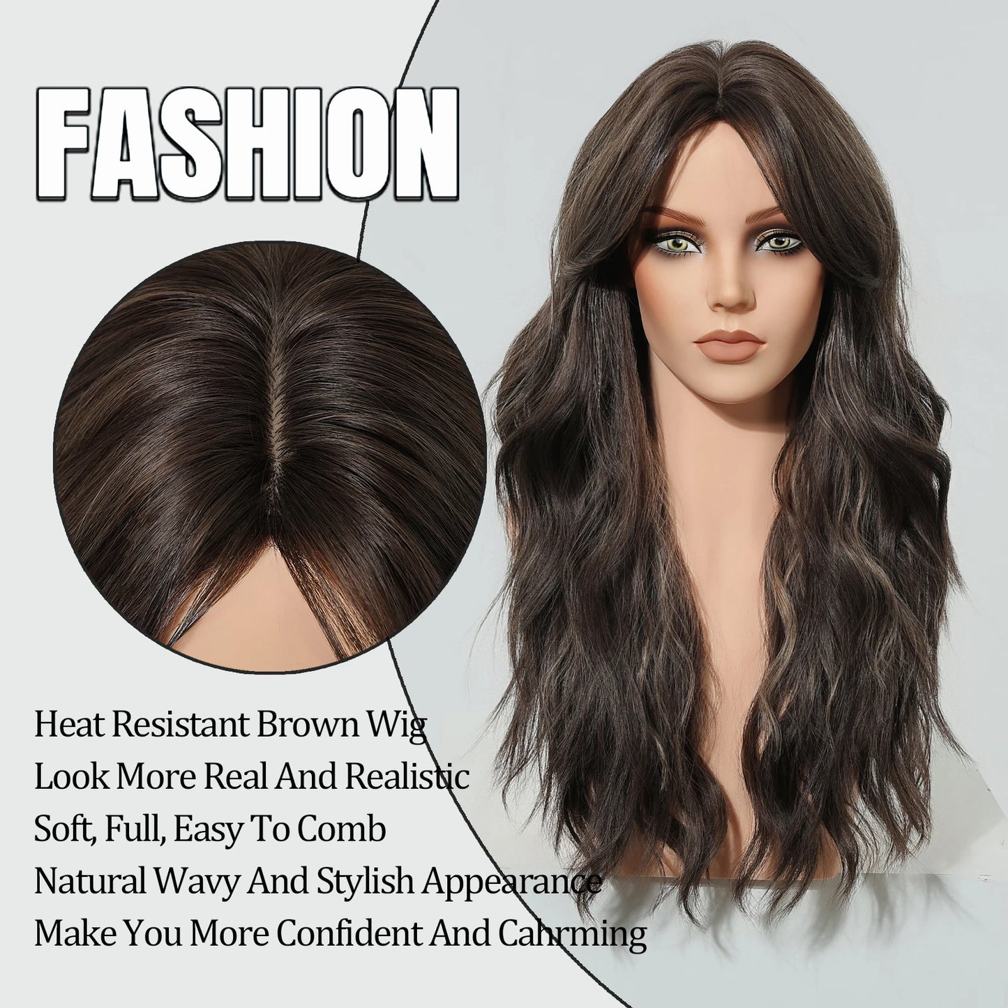 EASIHAIR Long Wavy Brown Synthetic Wigs for Women Dark Brown Wigs With Side Bangs Natural Hair for Daily Use Heat Resistant Wig