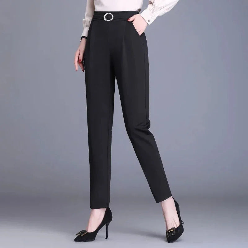 Women's Clothing Solid Color Pockets Spring Autumn Elastic High Waisted Casual Loose Trousers Straight Trouser Suits Pants