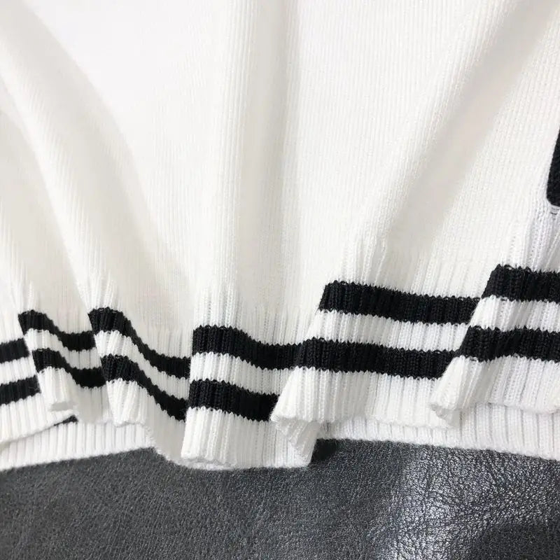 2024 New Summer Casual Patchwork Contrasting Striped Oversized Men's and Women's Ice Silk Knitted Sweater Short Sleeved T-shirt