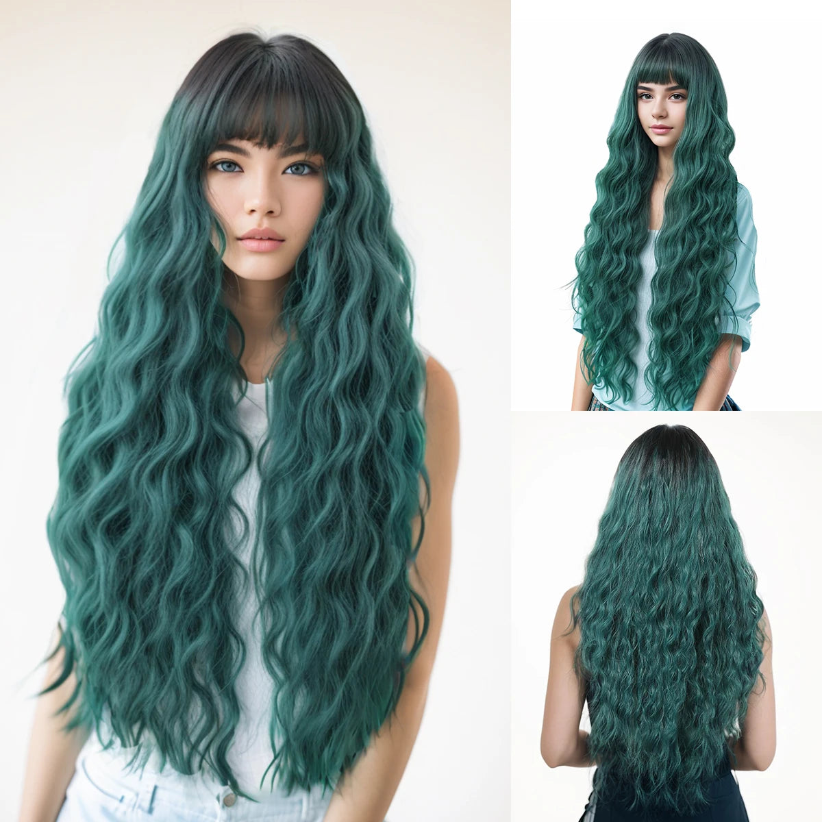 Light Green Long Wavy Synthetic Wigs with Bangs Blackish Green Cosplay Wig for Women Lolita Wig Heat Resistant Natural Hair