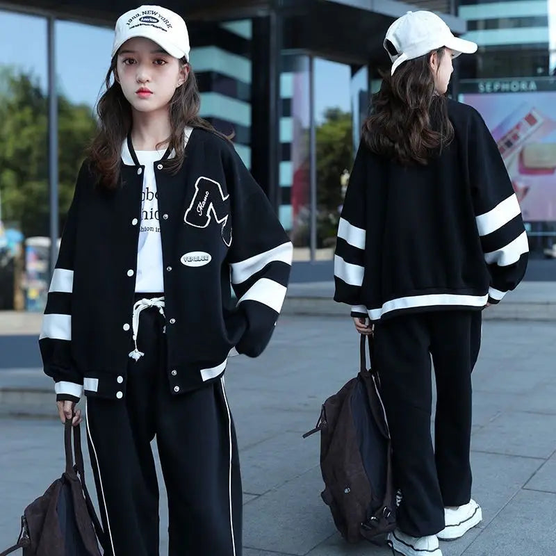 Girls Contrast Alphabet Single-breasted Sweat Varsity Jacket+Drawstring Sweatpant Set School Kids Tracksuit Child Outfit 3-14Yrs