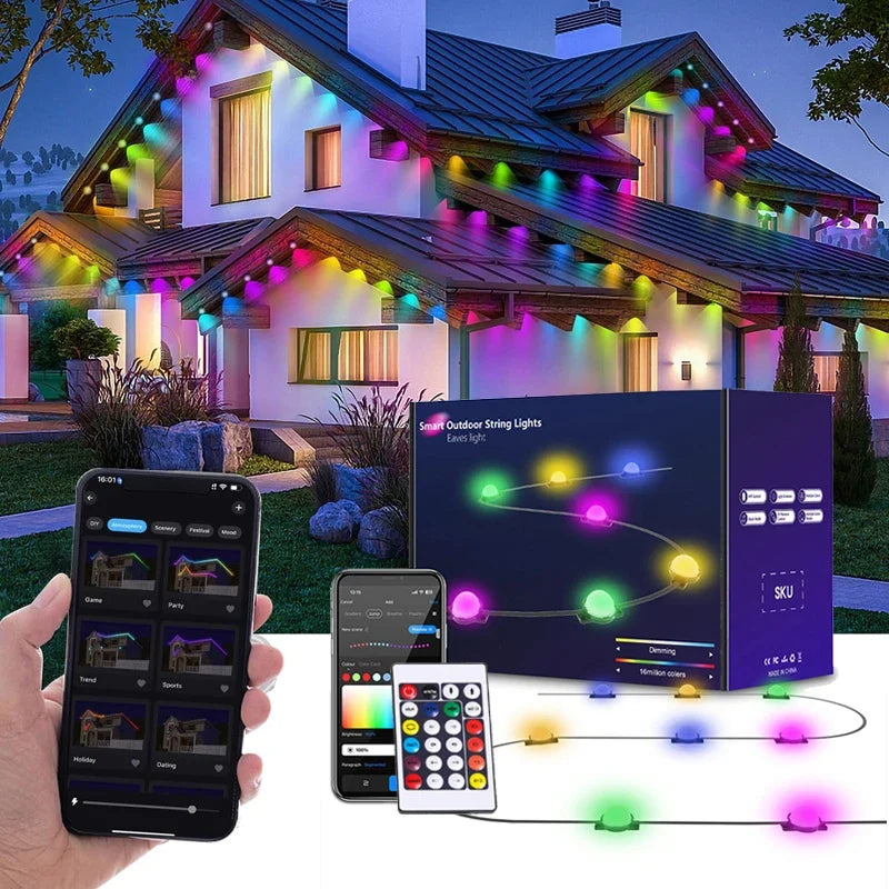 Permanent Outdoor Lights RGBIC Smart Eaves LED Light Bluetooth DIY Waterproof Music Sync Timer Strings for Party Holiday Decor