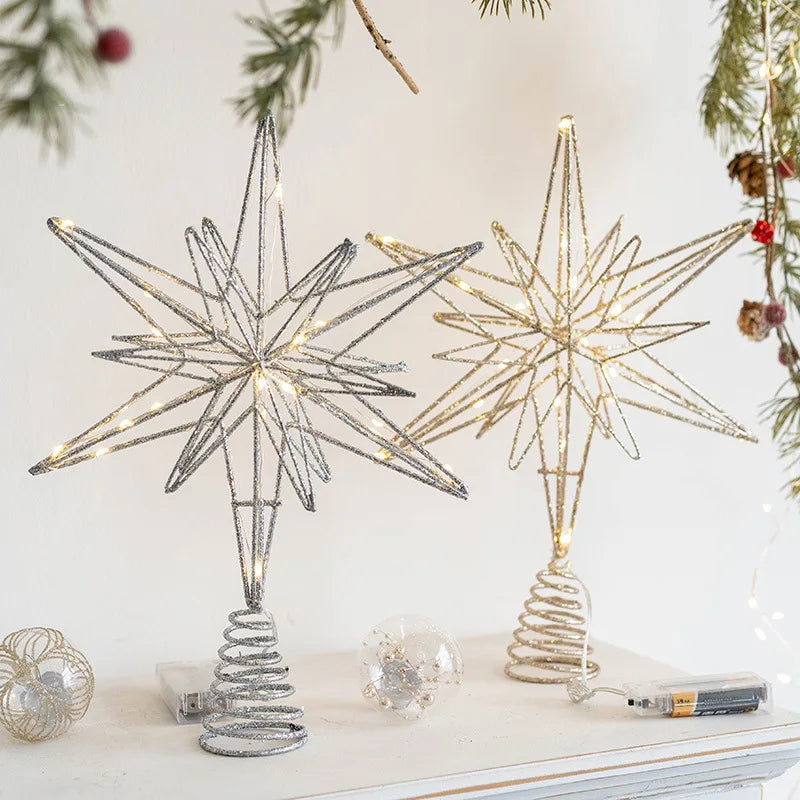 Christmas Star Tree Topper with Warm White Lights Pre-lit Glittered Star Treetop Lighted Xmas Treetop for Home Decorations