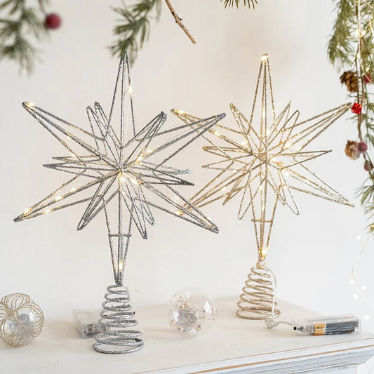 Christmas Star Tree Topper with Warm White Lights Pre-lit Glittered Star Treetop Lighted Xmas Treetop for Home Decorations