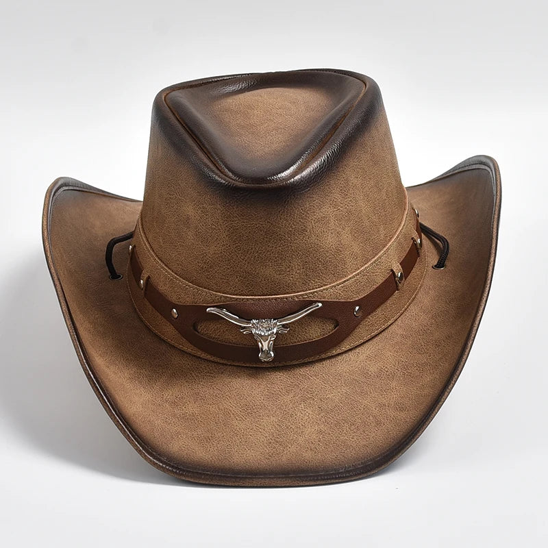 New 100% Leather Western Cowboy Hat Men Wide Brim Gentleman Church Jazz Cap Cowgirl Hats Sombrero Hombre