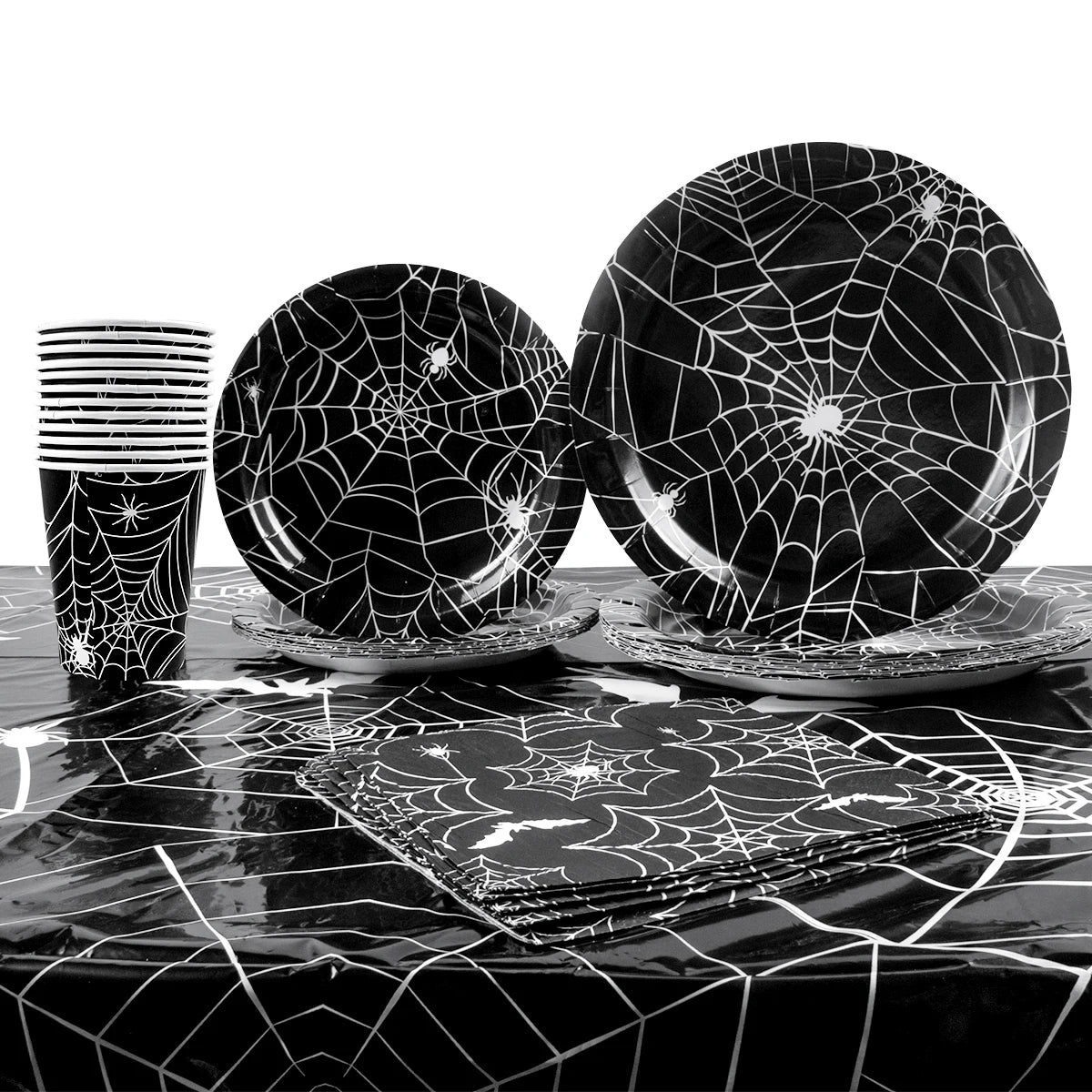 Halloween Spider Web Disposable Tableware Set Paper Black Plates Napkins Cup Banner Halloween Birthday Party Decoration Supplies