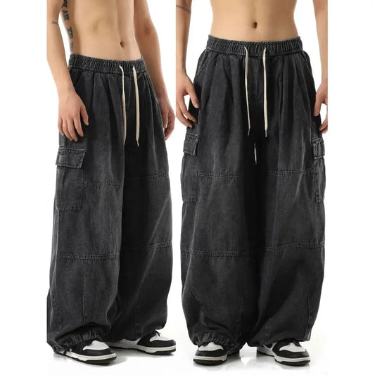 Y2k Black Baggy Cargo Jeans Trousers Men Streetwear Casual Hippie Jogging Wide leg Oversize Long Male Denim Pants