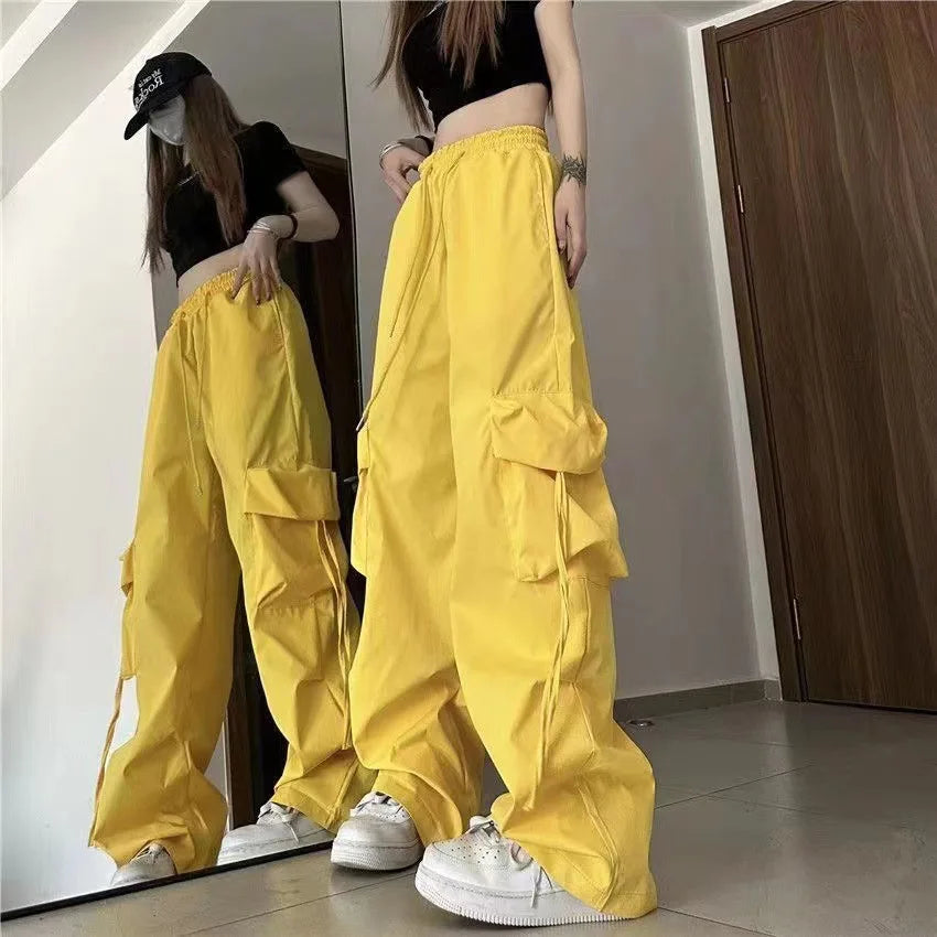 Women's High Waist Cargo Pants with Multiple Pockets Trendy Solid Color Streetwear Y2K Spring Autumn New Loose Wide Leg Trousers