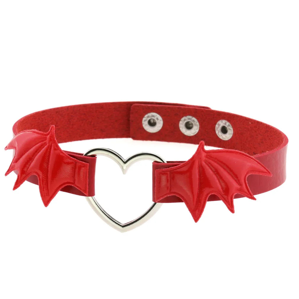 Red Leather Spiked Choker Punk Collar Women Men Bat Heart Chocker Chunky Necklace Goth Jewelry Metal Gothic Emo Accessories