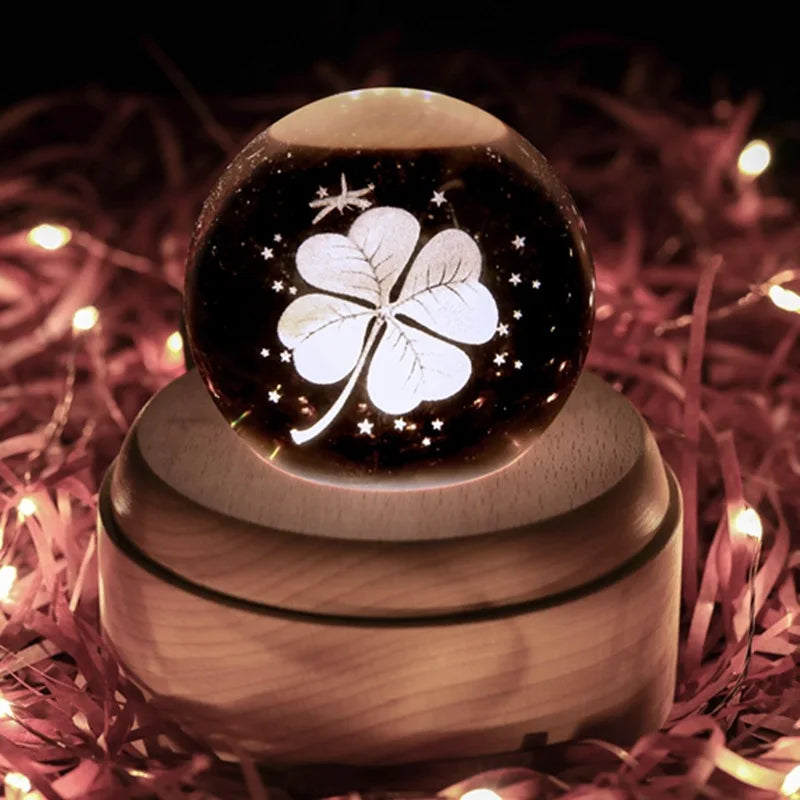 3D Crystal Ball Music Box Illuminated LED Lights Wooden Base Decoration Rotating Ornament Birthday Christmas Halloween Gifts