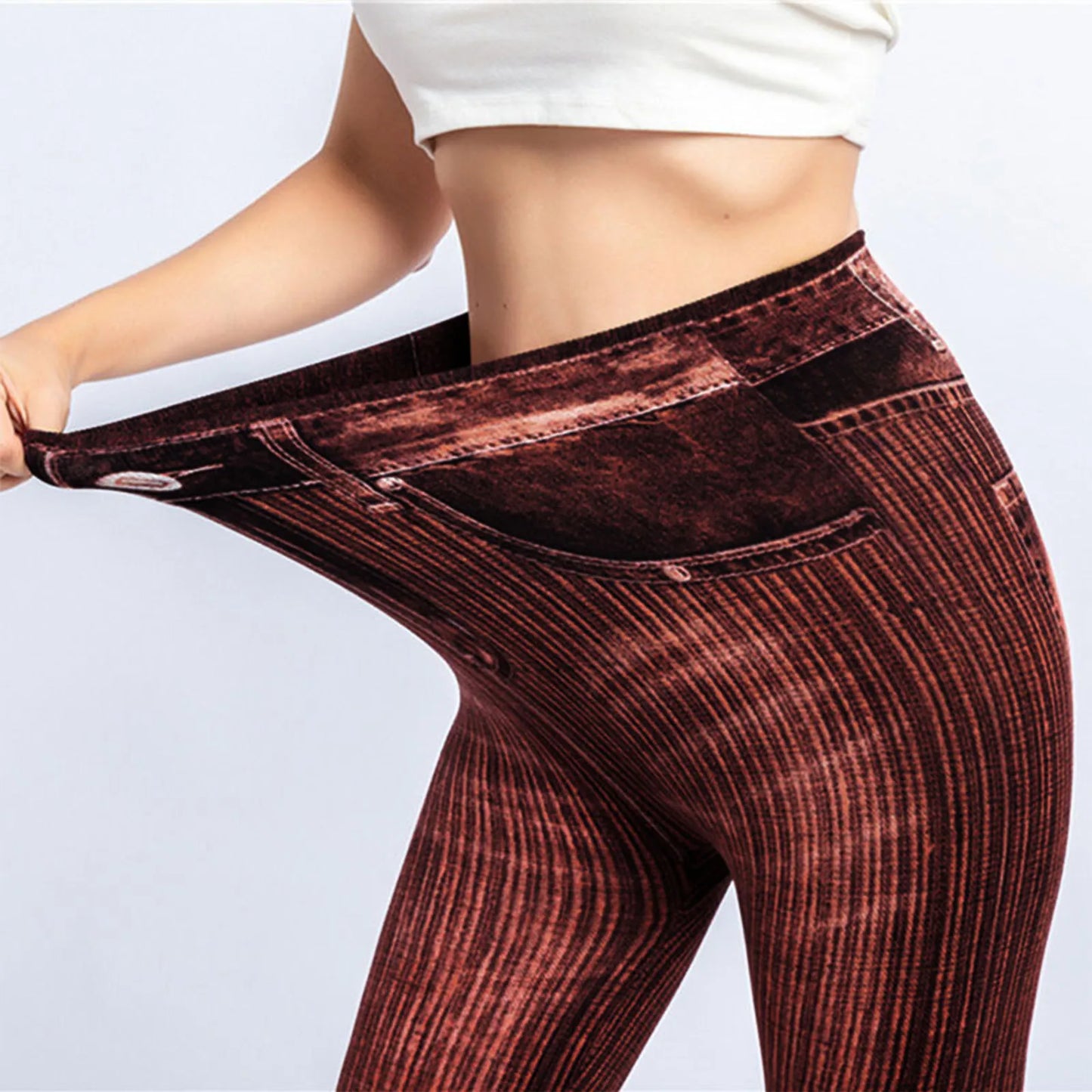 Stretch Well Fitness Fake Pockets High Waist Leggings Faux Denim Jeans Sexy Elastic Jeggings Soft Casual Thin Pencil Pants