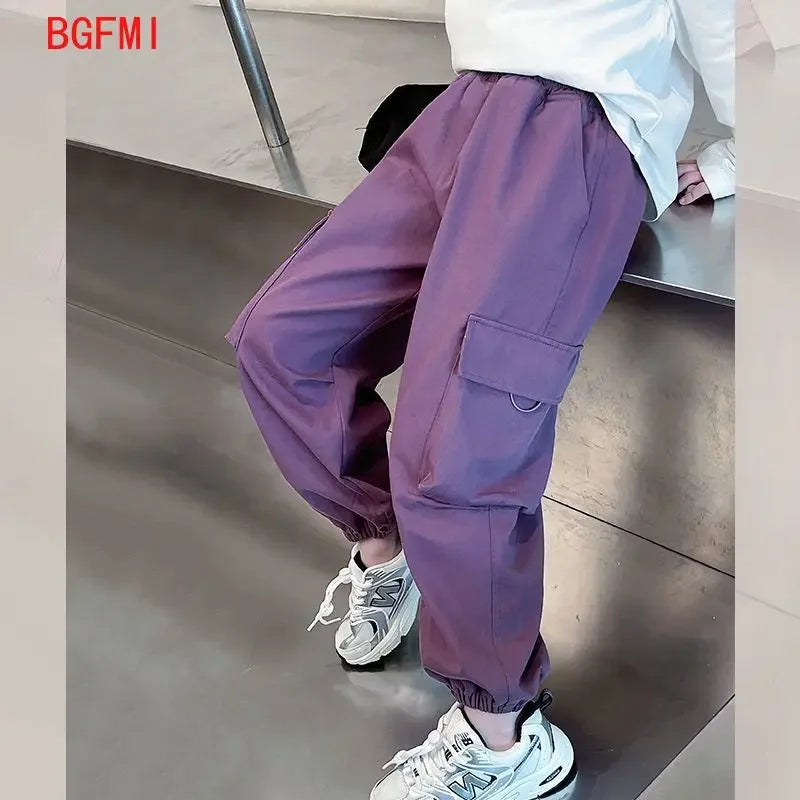 Girls Purple Casual Pants Big Children's Clothing Korean Black Cargo Long Pants Girls 2024 Spring Fashion New Cotton Trousers