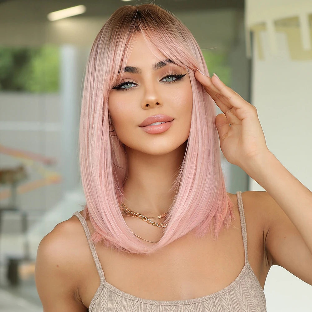 14" Soft Straight Pink Wig With Dark Roots  Synthetic Wigs With Bangs Female Bob Wigs For Women Daily Party Cosplay Use