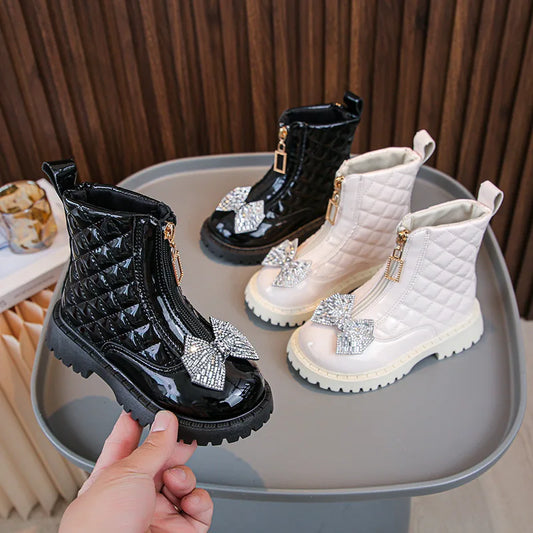 Kid Boots New 2024 Fashion Plaid Girls Shiny Bowknot Ankle Boots Children Front Zipper Snow Boot Waterproof Non-slip Booties