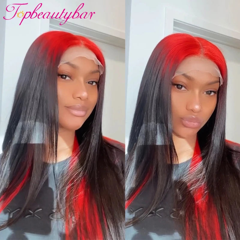 Red Ombre Highlight Colored Straight Lace Front Human Hair Wigs 180% Red Black 13X4 Lace Front Wig Remy Brazilian Lace Wigs