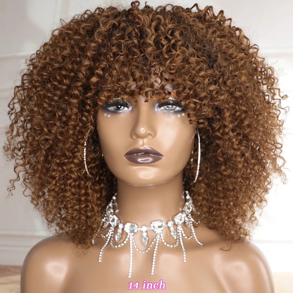 Short Curly Wig With Bangs Ready to Go Human Hair Afro Kinky Curly Wig Highlight Glueless Full Machine Made Wig 250 Density Remy