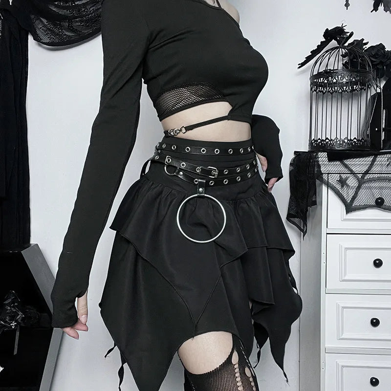 Women Gothic Punk Irregular Skirts New Sexy Solid Color Drawstring Tie-Up Ruched Ruffles Mini Skirt Summer Fashion Short Skirts