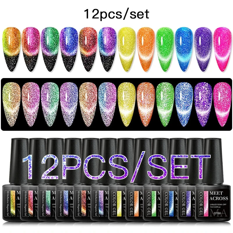 12pc Glitter Cat Magnetic Gel Set Cat Gel Eyes Polish Holographic Reflective Semi Permanent UV Gel Soak Off Sparkling Nail Art