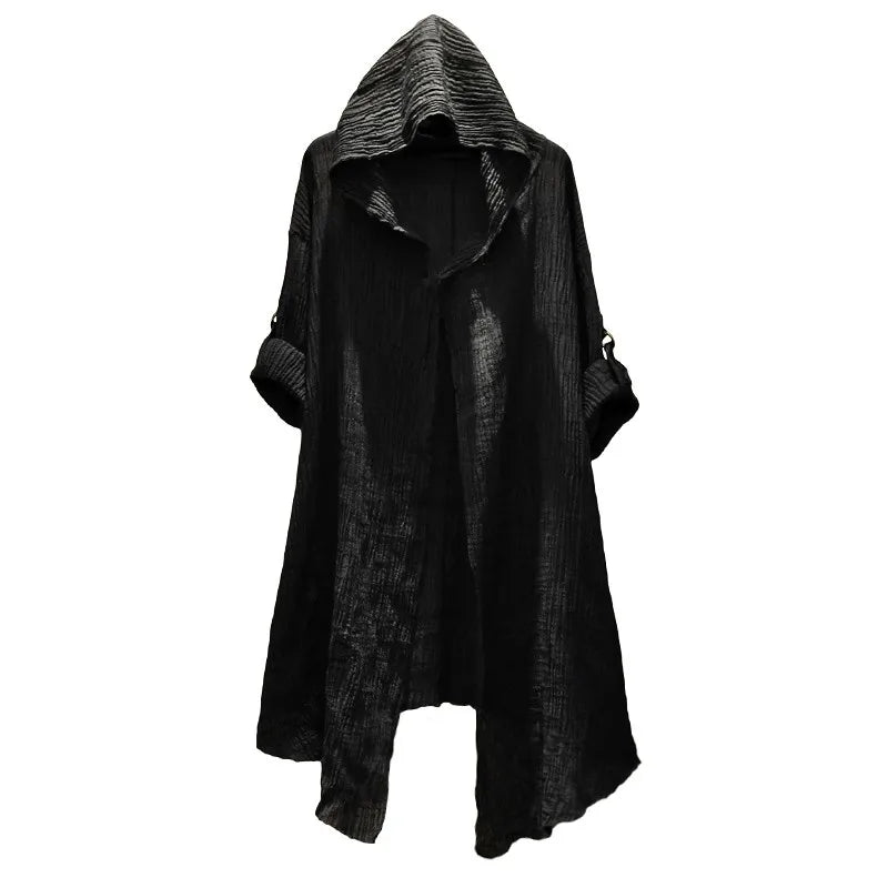 Punk rock hip hop black long shirt hooded cloak cardigan men linen oversize blouse Nightclub DJ singer gothic vintage streetwear