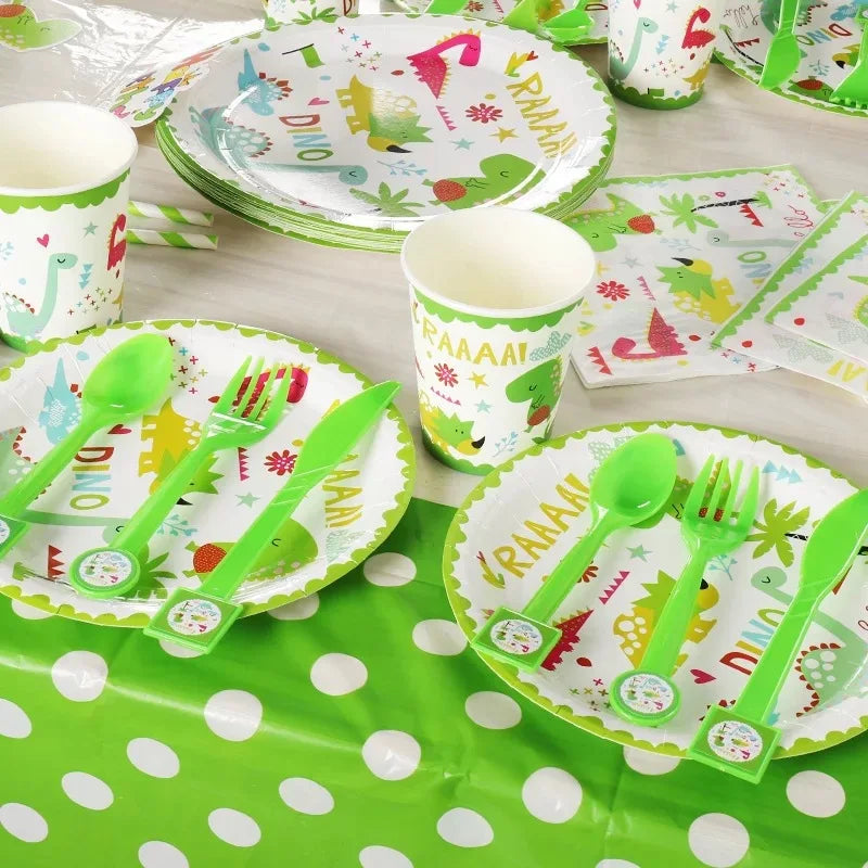 Cute Dinosaur Birthday Decorations Disposable Tableware Plates Cups Jungle Dino Party Banner Kids Summer Birthday Party Supplies