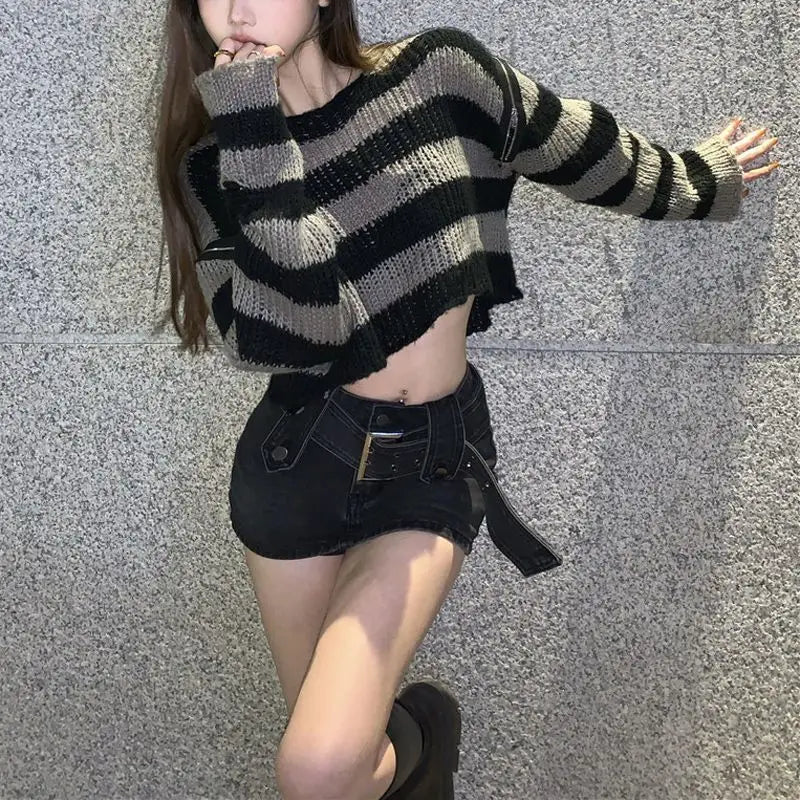 E-girl Gothic Crop Sweater Striped Knitted Pullovers Punk Zipper 2000s Y2K Vintage Harajuku Grunge Jumpers Autumn Spring Clothes