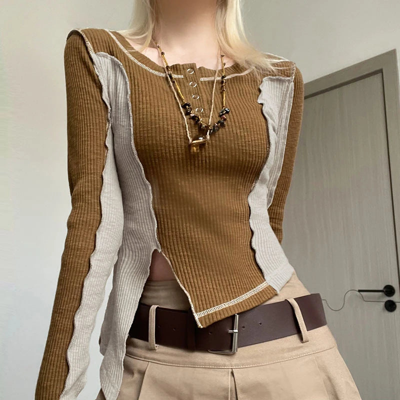 Knitted Slim Tshirt Top for Women 2024 Tee Crop Cotton Crochet Woman T-shirt Clothing V Neck with Sleeves Beautiful Trend New In