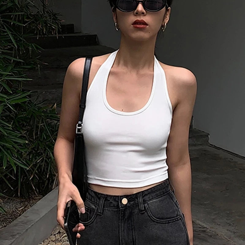 Cotton Sexy Backless Black White Tank Tops Halter Streetwear Vest Female Crop Top Summer 2024 Basic T-shirts Ladies Tube Camis