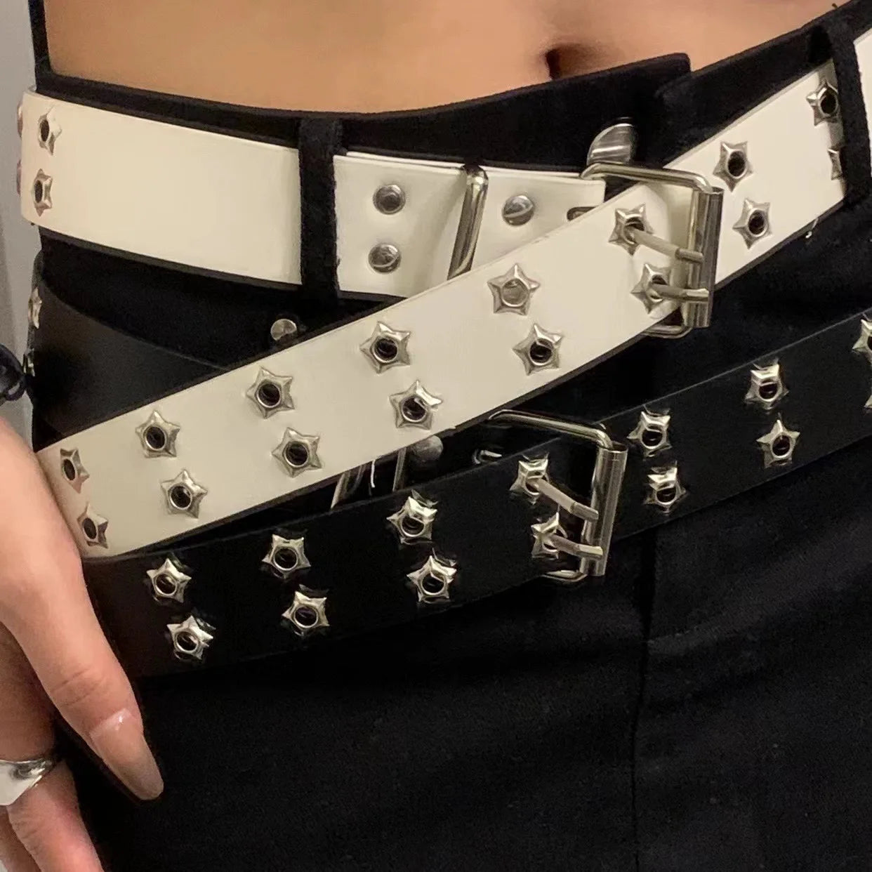 Y2K Star Rivet PU Leather Belts Women Men Punk Black White Double Row Hollow Waist Strap Trendy Waistband Jeans Skirt Decoration