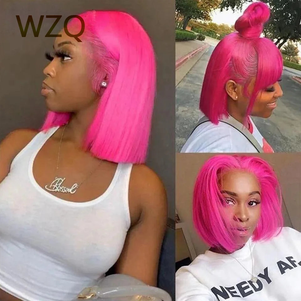 Hot Pink Colored Short Bob Wig 13x4 Lace Front Human Hair Wigs For Women 180% Density Virgin Straight Bob Wig Lace Frontal Wigs