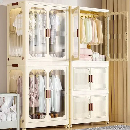 Multi-Layer Folding Storage Cabinet With Wheels Double Door Wardrobe Closet Transparent Large Capacity Organizer Bins Shelf